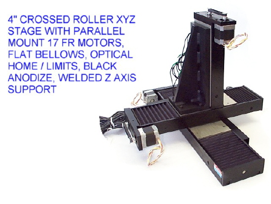ALM - 4" Crossed Roller XYZ with Parallel Mount 17 FR Motors, Flat Bellows Optical Home/Limits, Black Anodize, Welded Z Axis Support